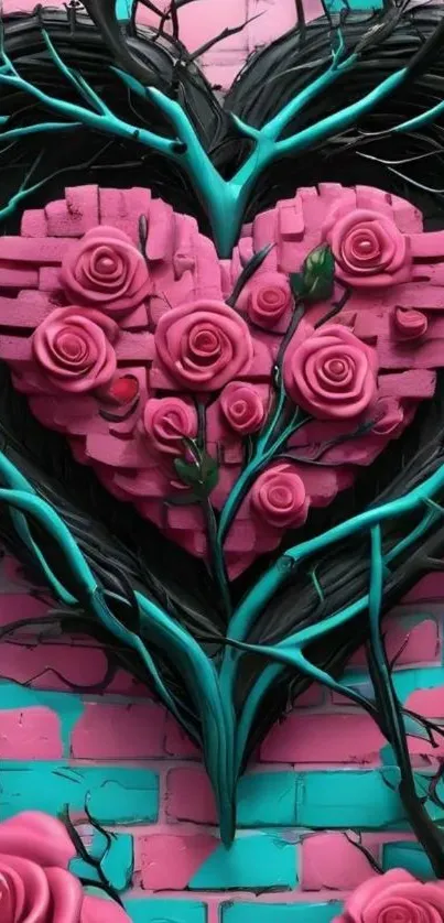 Heart-shaped pink roses with black branches on brick wall.