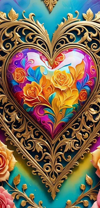 Colorful heart with gold ornate design and roses.