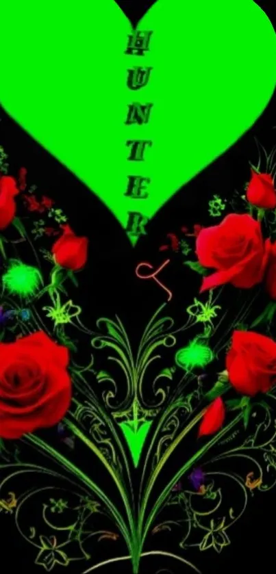 Green heart and red roses on black background wallpaper.