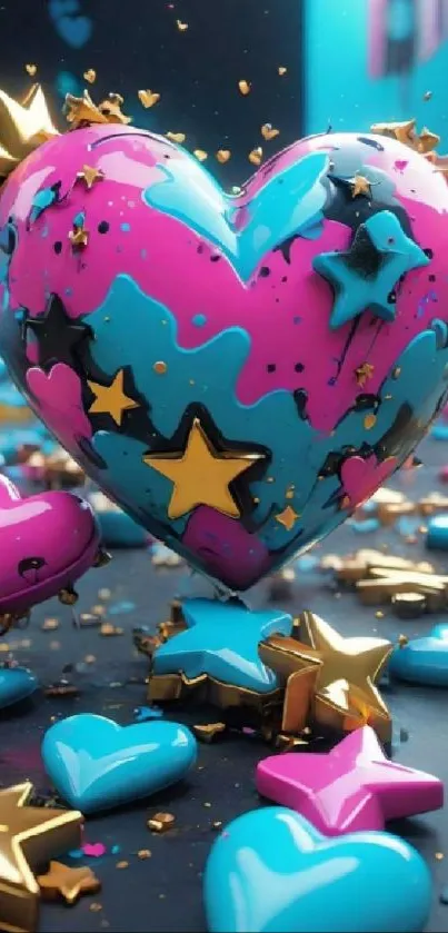 Colorful 3D heart with gold stars on a vibrant background.