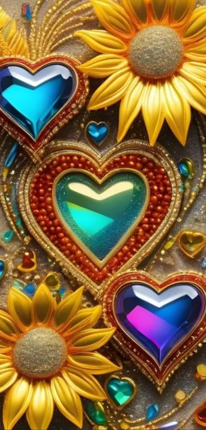 Bright wallpaper with hearts and sunflowers.