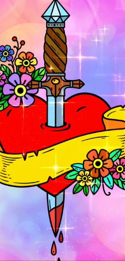 Colorful heart and sword with flowers on a vibrant background.