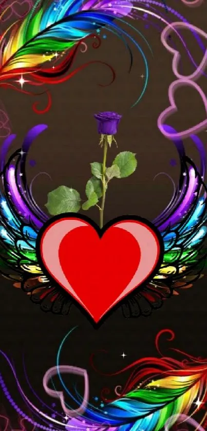 Red heart with colorful wings and a purple rose on a vibrant background.