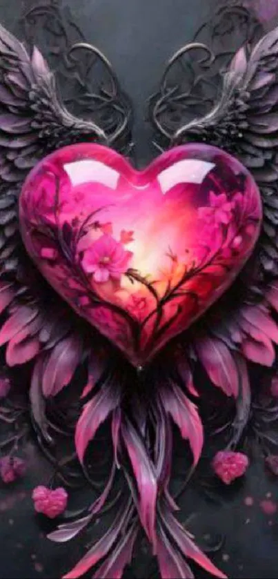 Heart with wings and floral design in pink hues.