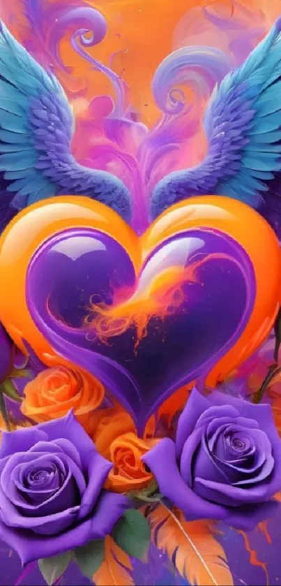 Vibrant heart and wings with purple roses and orange accents mobile wallpaper.