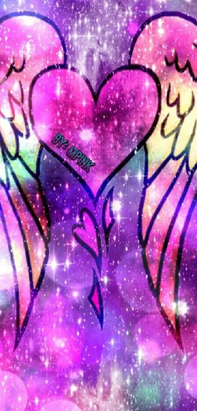 Colorful heart with angelic wings on a cosmic purple background.