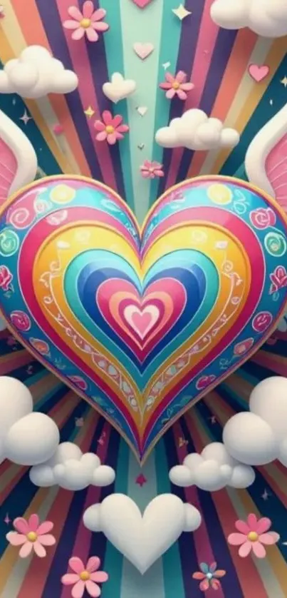 Colorful heart with wings, clouds, and flowers on a vibrant background.