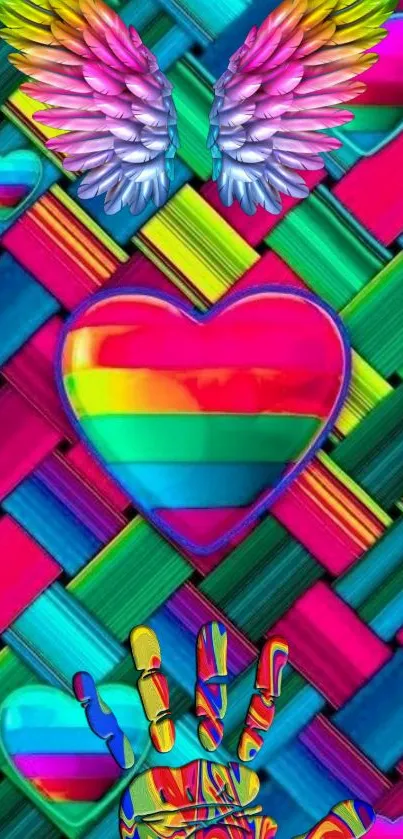 Colorful rainbow heart with wings on woven pattern