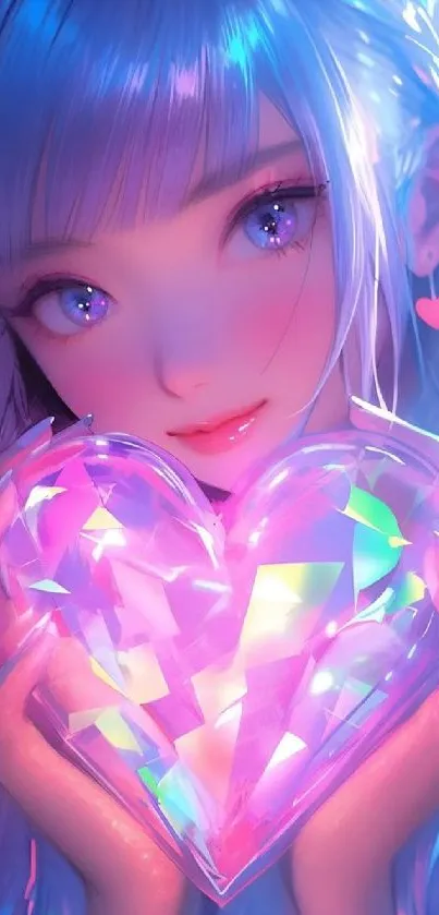 Anime girl with vibrant glowing crystal heart, perfect for mobile wallpaper.