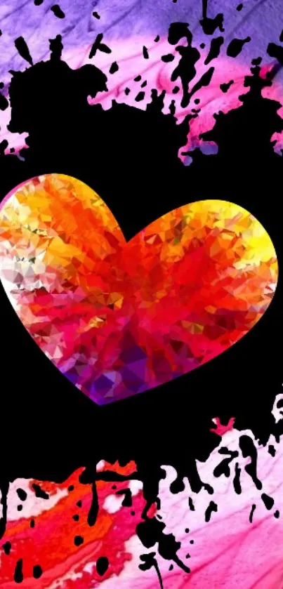 Colorful geometric heart on black splash background.