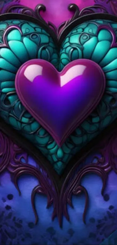 Intricate heart design in vibrant teal and purple hues