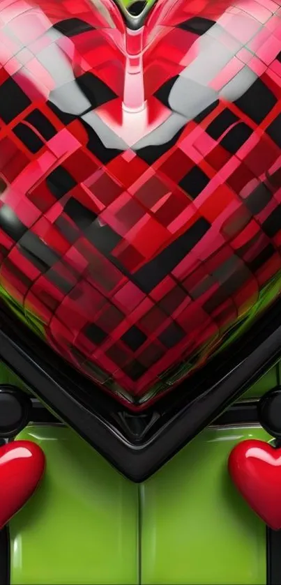 Colorful abstract heart design wallpaper in red and green hues.