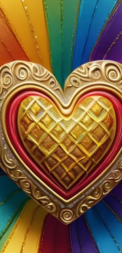 Colorful ornate heart art with rainbow background.
