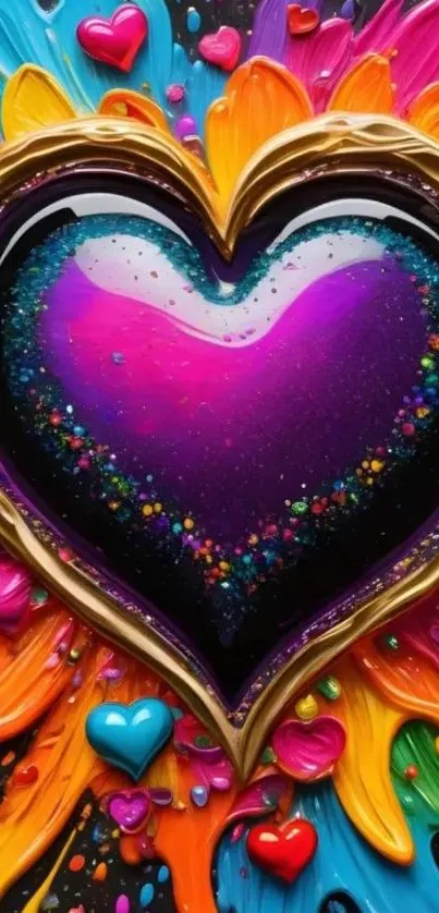 Colorful heart art with vibrant paint splashes.
