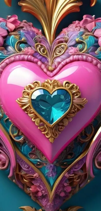 Intricate heart and floral art wallpaper in vibrant colors.