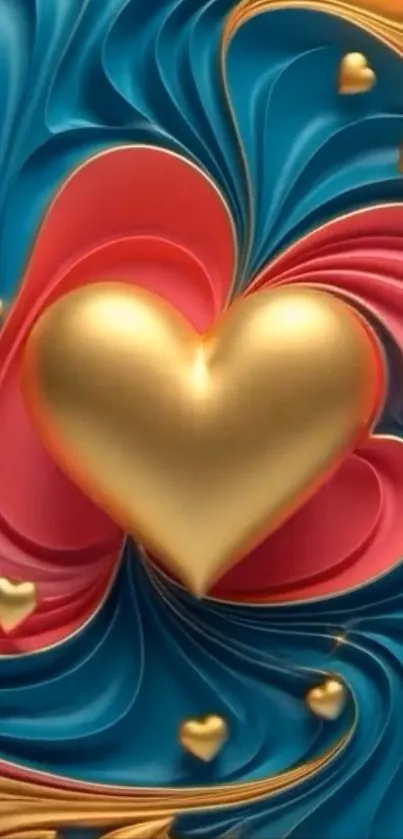 Vibrant heart-themed mobile wallpaper with gold highlights.
