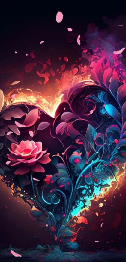 Vibrant heart-shaped floral artwork on a dark background.