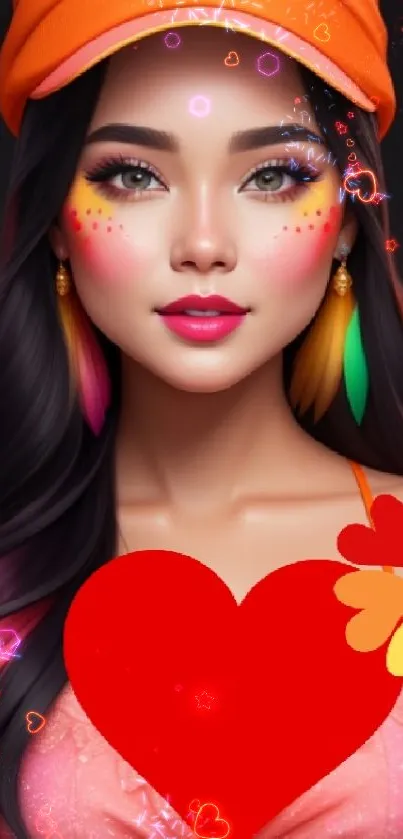 Colorful heart art with vibrant woman portrait wallpaper.