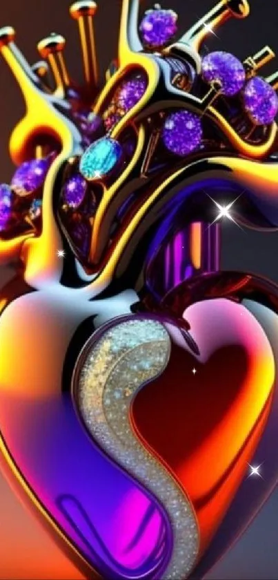 Vibrant heart-shaped art with gold and purple hues.