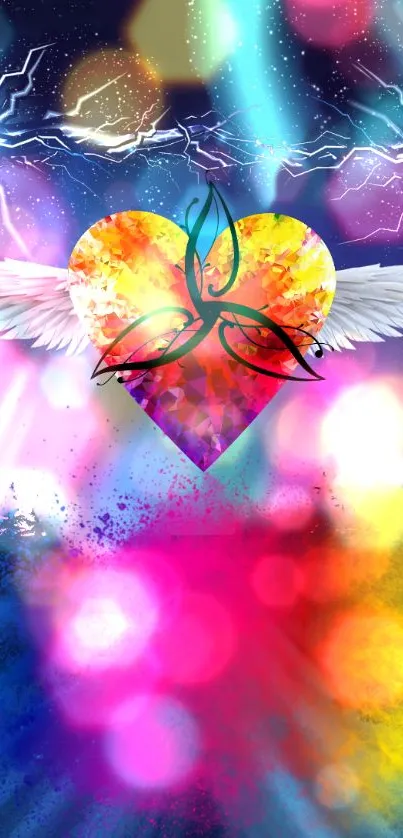 Vibrant winged heart with colorful background.