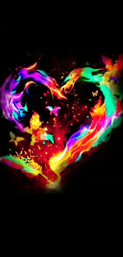 Vibrant heart-shaped art with neon colors and butterflies on black background.