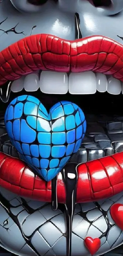 Dynamic wallpaper with red lips and a vibrant blue heart.