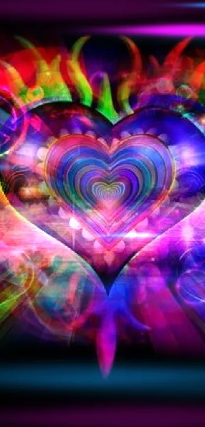 Vibrant heart with colorful patterns and peace symbols on a black background.