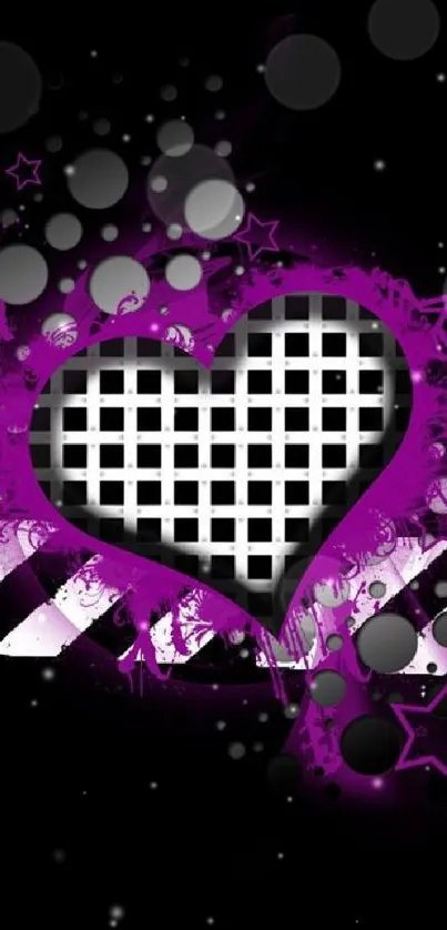 Purple and black heart design wallpaper with abstract elements.