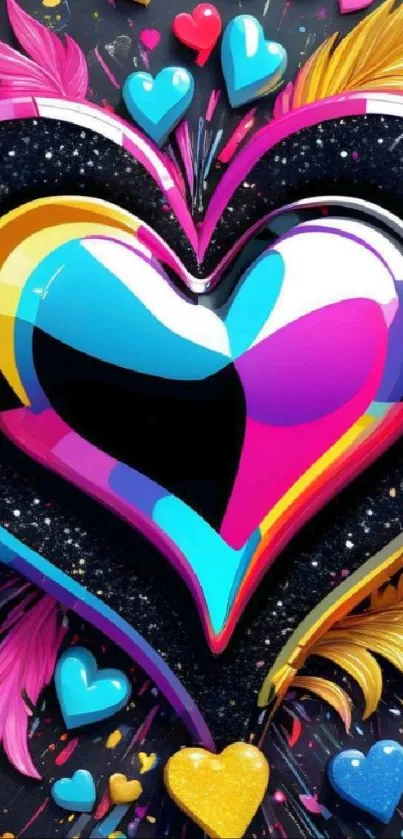 Colorful heart-themed mobile wallpaper with vibrant 3D design.