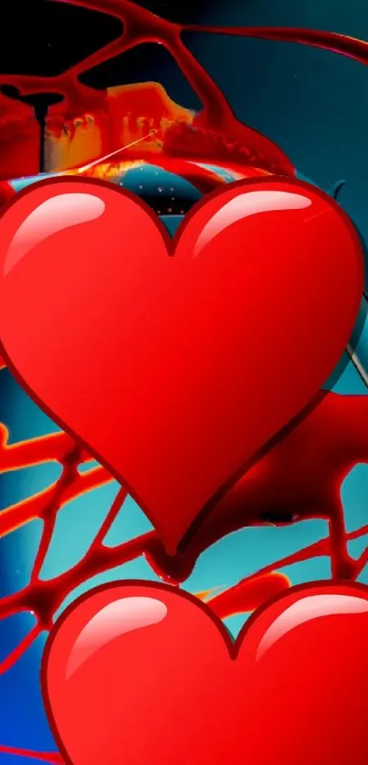 Red hearts with vibrant abstract art in the background.