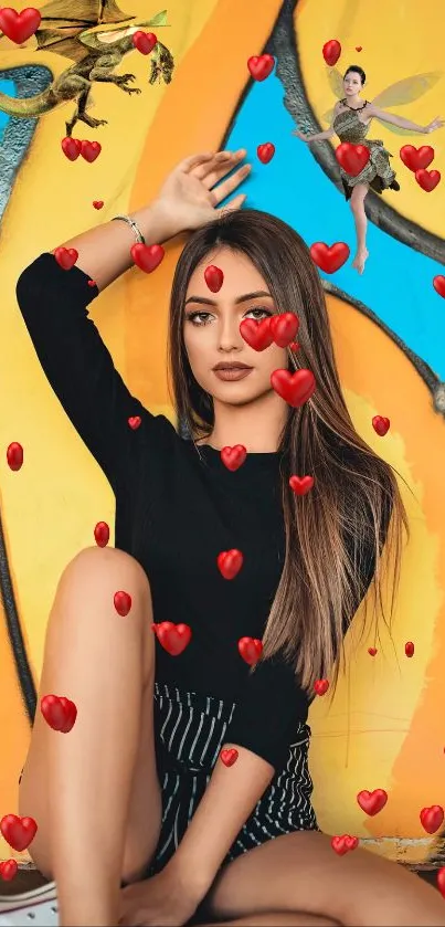 Stylish woman with 3D red hearts on colorful wall background.