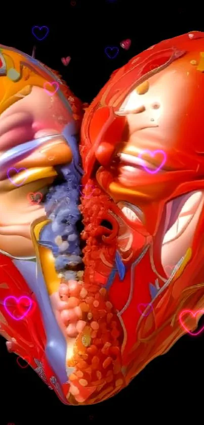 Vibrant 3D heart artwork with colorful textures and glowing heart elements.