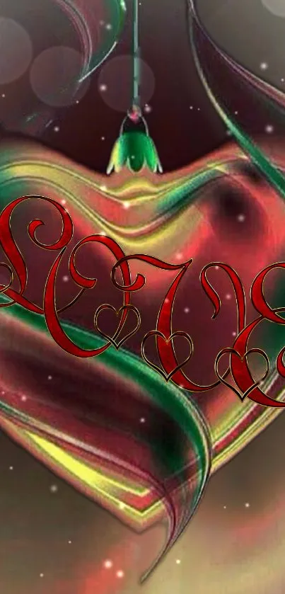 Vibrant heart design wallpaper with red, green, and artistic light effects.