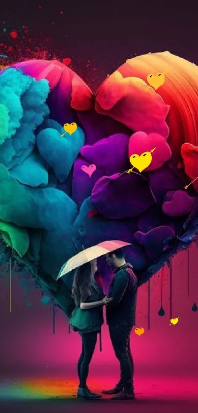 A vibrant, colorful heart design art wallpaper with two people under an umbrella.