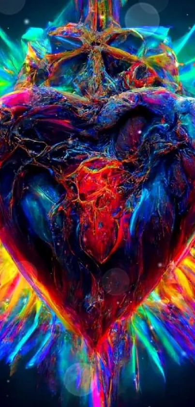 Vibrant heart with colorful energy burst on dark background.