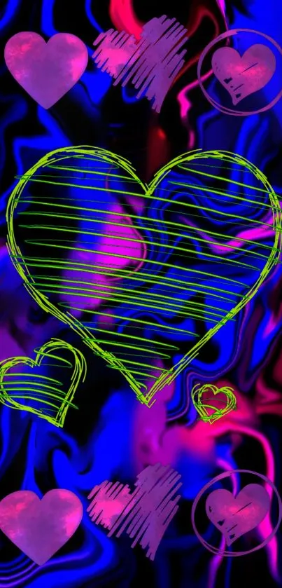 Bright heart graffiti wallpaper with neon colors.