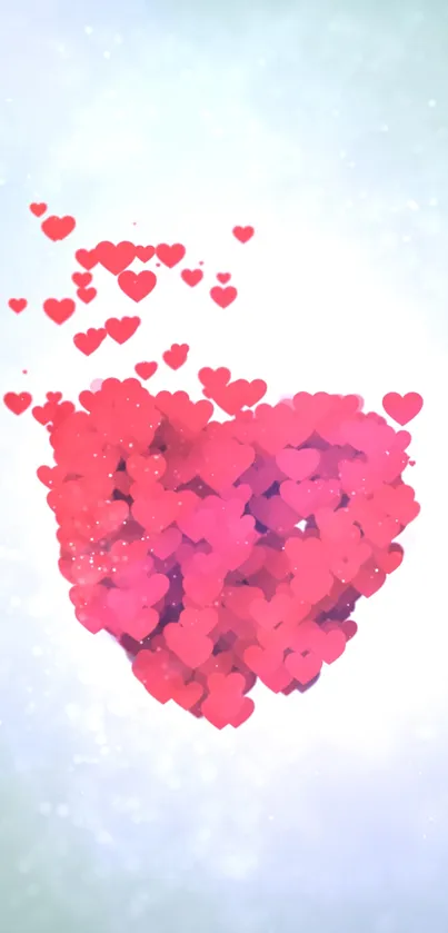 Mobile wallpaper of a cluster of red hearts on a soft blue background.