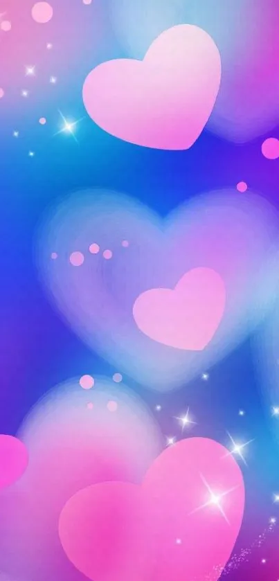 Mobile wallpaper with pink hearts on a blue background.