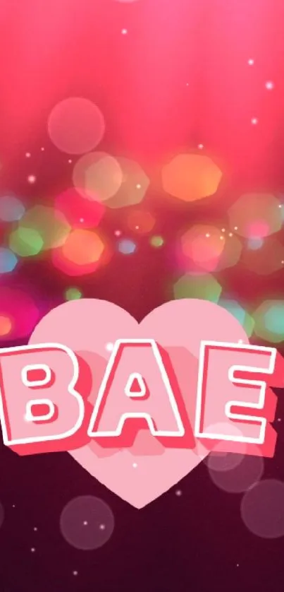 Vibrant 'BAE' heart wallpaper with colorful bokeh and glowing lights.