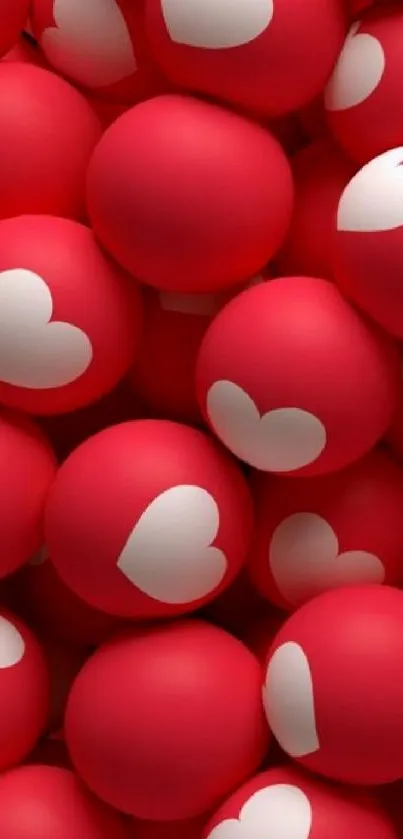 Red balls with white heart designs creating a romantic wallpaper.