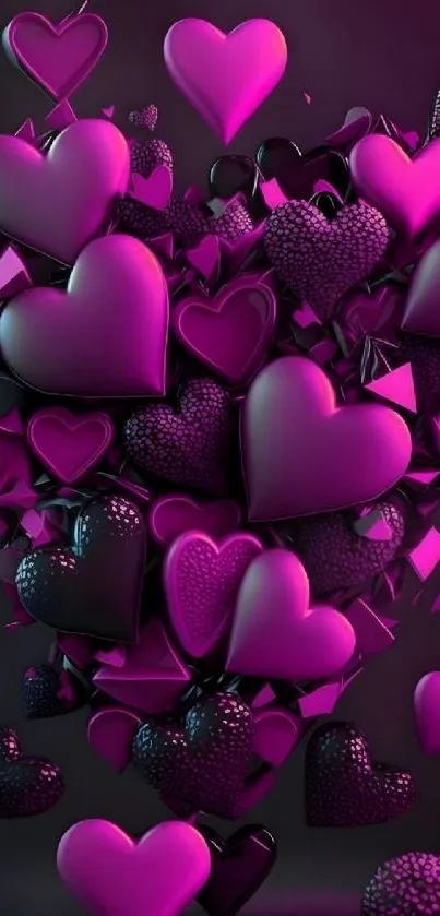 Vibrant purple heart balloons forming an artistic cluster.