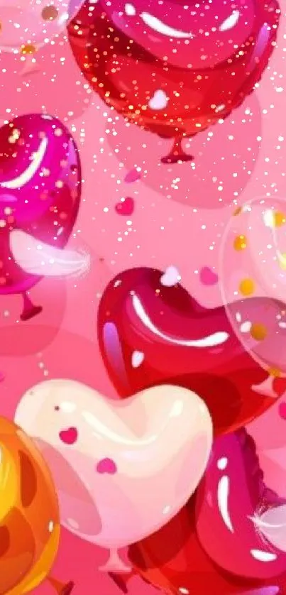 Colorful heart balloons on a pink background, creating a festive and romantic feel.