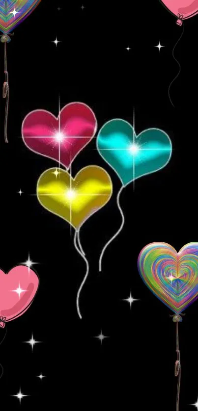 Colorful heart balloons glowing on a black background.