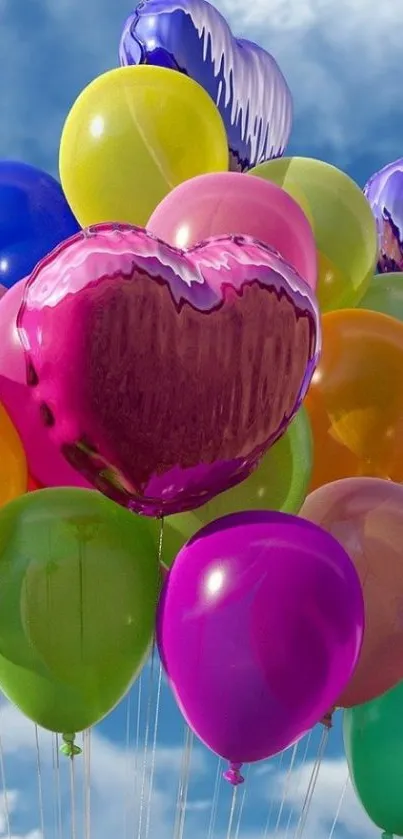 Colorful heart balloon wallpaper against blue sky.