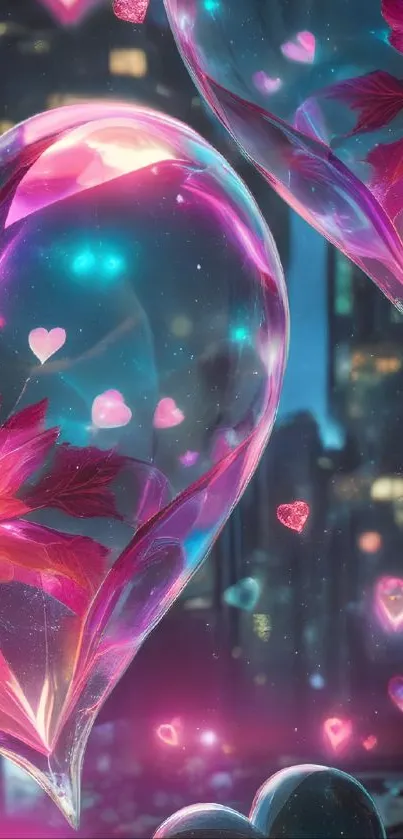 Vibrant glowing heart balloons in urban nightscape.
