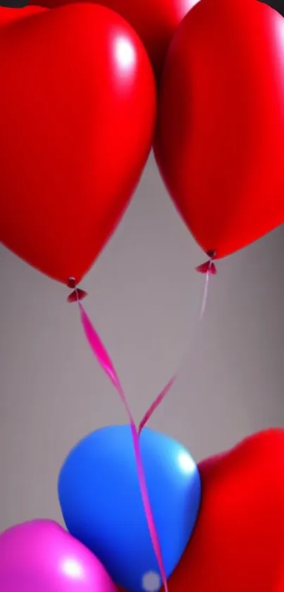 Vibrant wallpaper with red heart balloons.