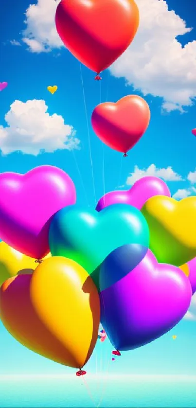 Vibrant heart-shaped balloons float in a bright blue sky.