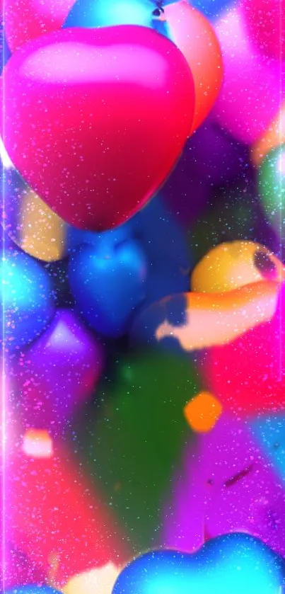 Vibrant wallpaper with colorful heart-shaped balloons.