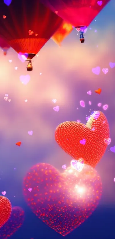 Vibrant floating heart balloons in pink sky wallpaper.