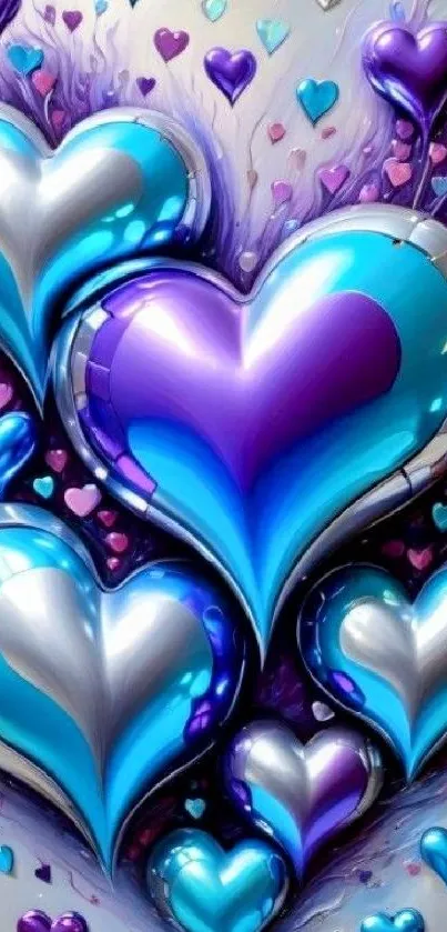 Colorful heart-shaped balloon design wallpaper in vibrant blue and purple hues.